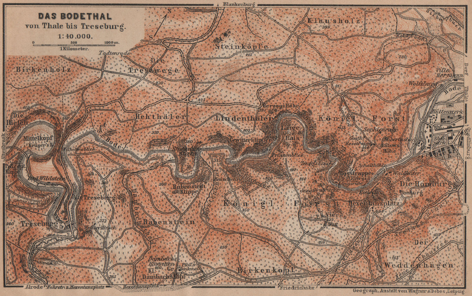 DAS BODETHAL von Thale bis Treseburg. Bode Gorge topo-map. Harz karte 1900